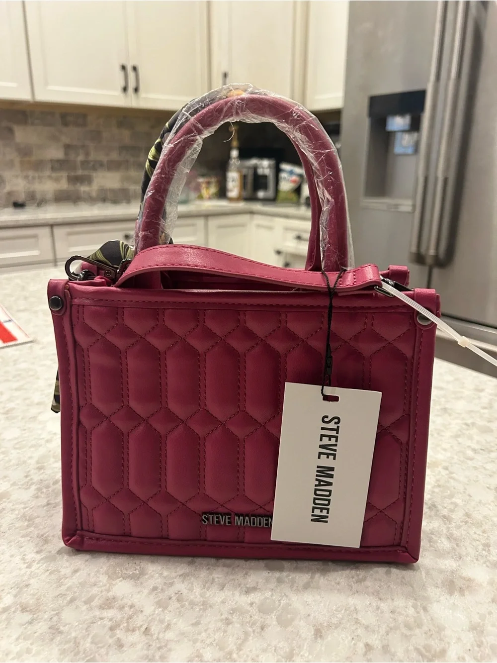 “New” Steve Madden Stylish Quilted Top-Handle Bag in Fuchsia with Scarf Accent